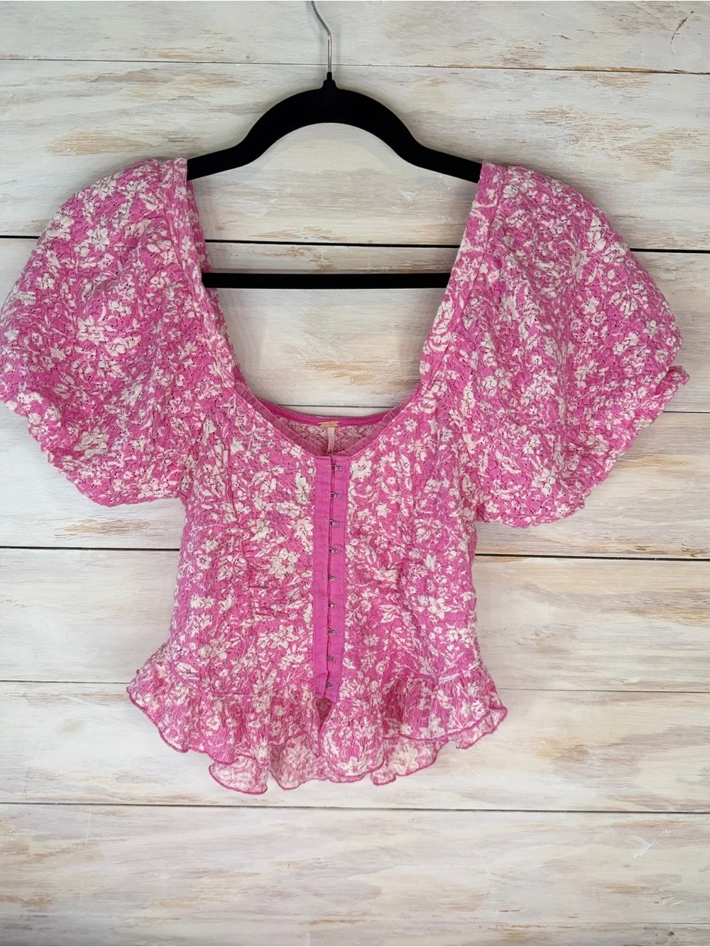 Free People Women's XS Pink Floral Lace Oh Baby Puff Sleeve Corset Peplum Top